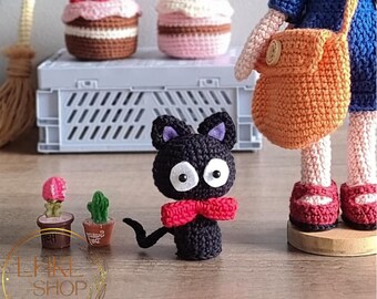 魔女と猫のかぎ針編み人形セット、アニメ風人形、かわいいぬいぐるみ