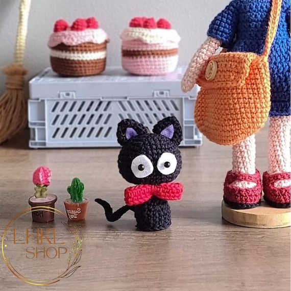 魔女と猫のかぎ針編み人形セット、アニメ風人形、かわいいぬいぐるみ
