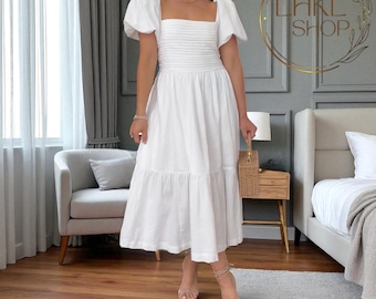 Kort puffärmad midiklänning, sommarlinneklänning för kvinnor, figursydd och utsvängd klänning, lång klänning med fickor, elegant linneklänning, vardagsklänning