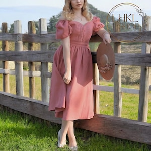 Linen Pinafore Dress, Short Sleeves Dress, Button Front Dress, Midi Dress With Ties, Retro Vintage Dress, Cottagecore Romantic Summer Dress