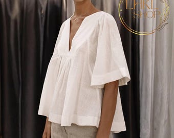 Women Loose Linen Top, Summer Women Shirt, V Neck Top, Summer Linen Blouse, Loose Linen Blouse, Short Sleeve Top, Linen T-shirt, Women Top