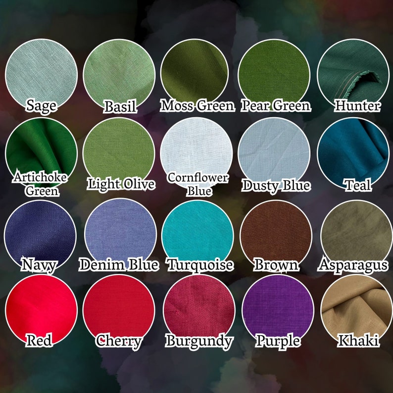 May include: A color chart of fabric swatches with names for each color, including Sage, Basil, Moss Green, Pear Green, Hunter, Artichoke Green, Light Olive, Cornflower Blue, Dusty Blue, Teal, Navy, Denim Blue, Turquoise, Brown, Asparagus, Red, Cherry, Burgundy, Purple, and Khaki.