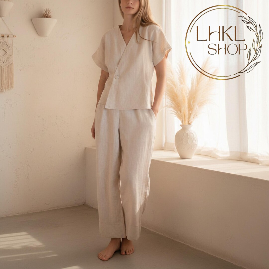 Minimalist V-neck Linen Top, Short Sleeve Women Blouse, Summer Top and ...