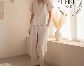 Minimalist V-neck Linen Top, Short Sleeve Women Blouse, Summer Top And Pants, Women Wide Trousers, Casual Set Clothing, Loose Women Shirts