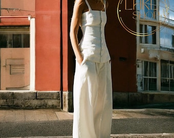 Linen Vest And Pants Set, Sleeveless Tank Top, Button Front To, Wide Leg Trousers, Women High Waist Pants, Linen Set Women, Summer Set Women