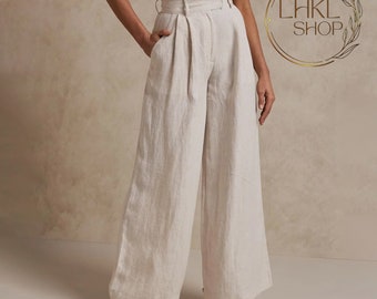 Pantaloni da donna in lino, pantaloni a gamba larga, pantaloni casual, pantaloni estivi, pantaloni palazzo, culotte in lino, pantaloni a vita alta, pantaloni a gamba larga