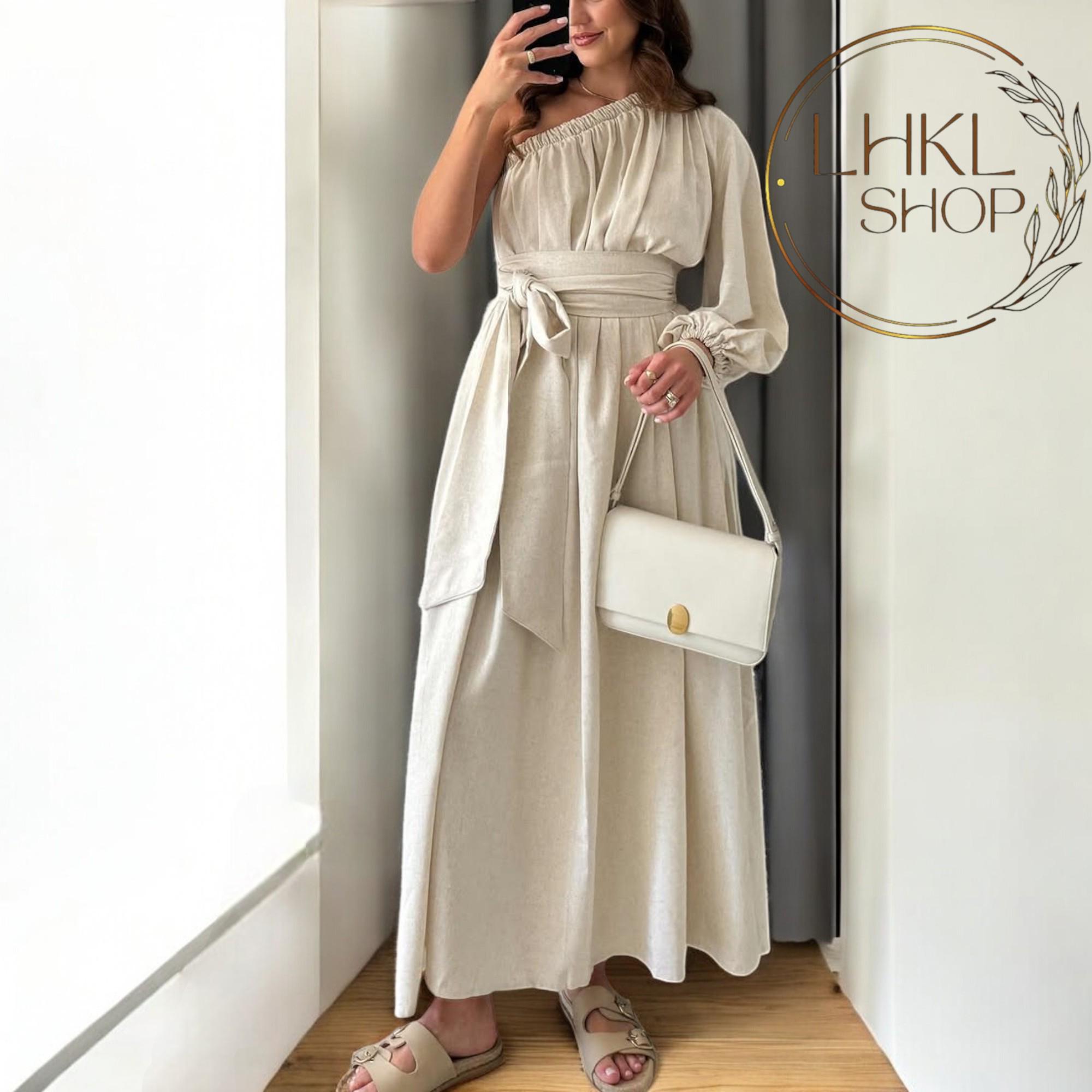 One Shoulder Linen Dress, Long Sleeve Dress, Linen Maxi Dress