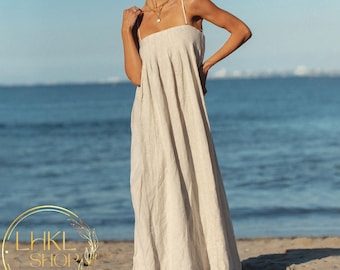 Vestido largo de lino, vestido con tirantes finos, vestido sin mangas, vestido largo de lino, vestido holgado de lino, vestido de playa de verano, vestido de lino para mujer