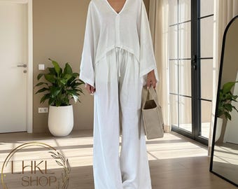 Summer V-neck Long Sleeve Shirt And Pants, Loose Linen Top Women, Matching 2-piece Set, Elastic Waist Pants, Women Trousers, Relaxed Fit Top