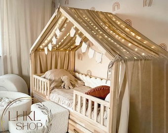 Linnen montessori bedhemel, bedgordijnen huis, kindertule hemel, babyluifel bedframe, kinderslaapkamer, babyspeelhuistent, speelluifeltent