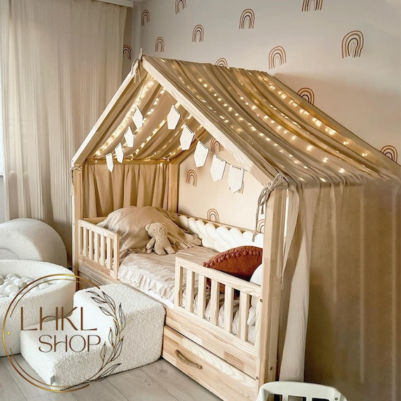 Linen Montessori Bed Canopy, House Bed Curtains, Kid Tulle Canopy, Crib Canopy Bed Frame, Kid Bedroom, Baby Playhouse Tent, Play Canopy Tent