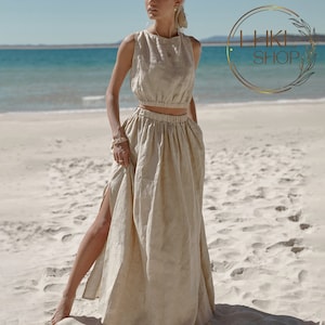 Linen Summer Clothing Set, Linen Crop Top, Sleeveless Top, Ruffled Skirt, Split Skirt, Elastic Skirt, Beach Skirt,Matching Set,Wedding Dress
