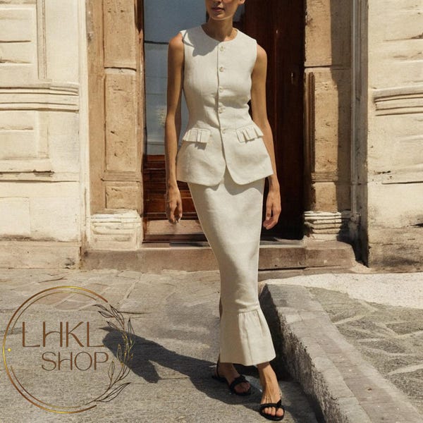 Lange Frauen Leinen Weste, Elegantes Set, Top Und Rock Set, Langer Bleistift Rock, ärmelloses Tank Top, Leinen Anzug, Büro Zweiteiler, Midi Rock
