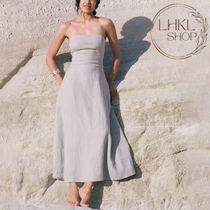 Linen Bustier Dress With Pocket, Long Linen Dress, Full Length Dress, Sleeveless Dress, Maxi Dress, Vintage Dress, Party Dress,Summer Dress
