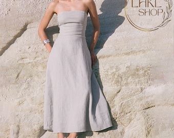 Linen Bustier Dress With Pocket, Long Linen Dress, Full Length Dress, Sleeveless Dress, Maxi Dress, Vintage Dress, Party Dress,Summer Dress