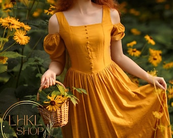 Cottagecore linnen jurk, gezwollen jurk met korte mouwen, maxi-jurk dames, lange jurk, jurk met striksluiting, linnen maxi-jurk, retro zomerjurk