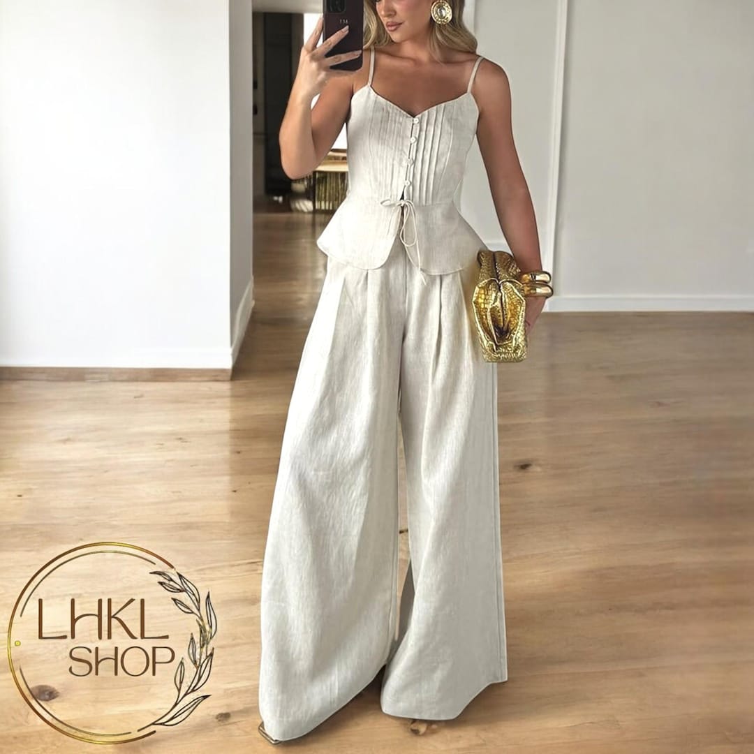 Elegant Linen-Blend Strapless Blouse and Wide-Leg Pants Set main image 0