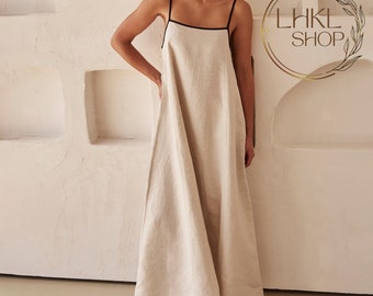 Long Linen Dress, Summer Dress, Linen Maxi Dress, Sleeveless Dress, Loose Linen Dress, Simple Linen Dress, Spaghetti Strap Dress,Beach Dress