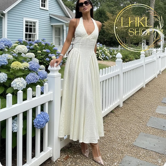 Halter Neck Women Dress, Linen Dress, Women V Neck Dress, Long Maxi Dress, Backless Dress, Evening Event Dress, Summer Full Length Sundress