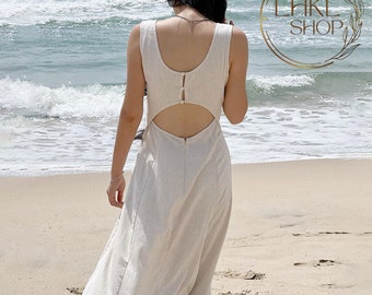 Vestido largo de lino, vestido informal de lino, vestido de verano, vestido largo minimalista, vestido con espalda descubierta, vestido sin mangas, vestido holgado de lino para mujer.