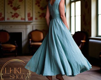 Vestido maxi de lino con escote en V, vestido de corte amplio, vestido largo minimalista con bolsillos, vestido holgado, vestido de verano sin mangas, vestido playero
