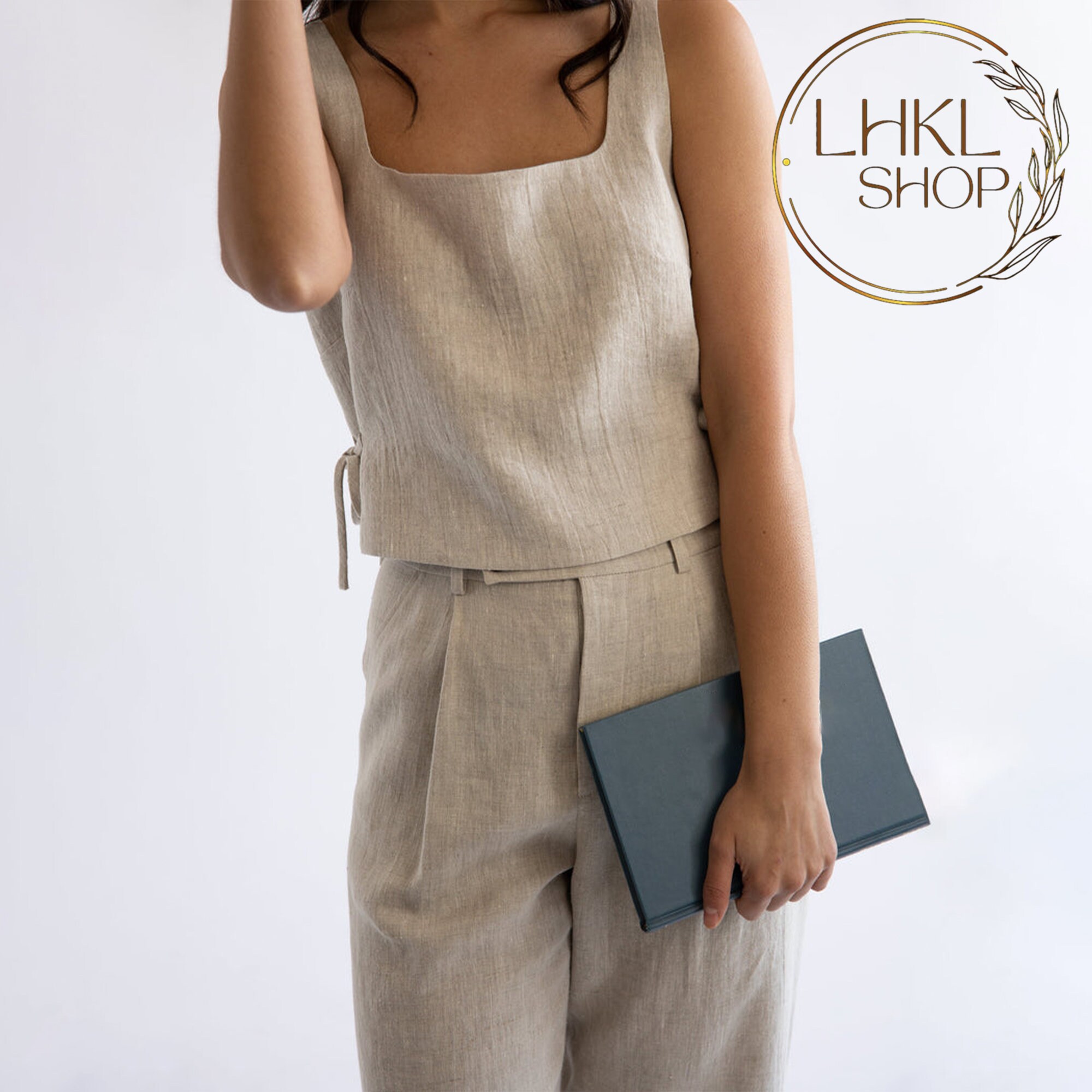 Solid Ruffled Tie Linen Cotton Shirt Tank Top main image 1
