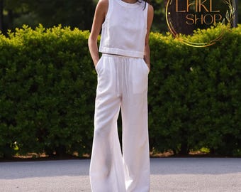 Rundhals Tank Top und Hose, Frauen Hose, ärmelloses Crop Top, Frauen Link Top, Leinen Kleidung, Zweiteiler, Sommer Loungewear Frauen