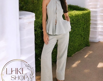 Linen Peplum Top And Pants, Halter Neck Summer Blouse, High Waist Trouser, Sleeveless Women Shirt, Women Pants, Summer Set, Wide Leg Pants