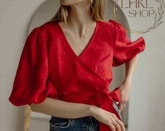 Linnen top, linnen wikkeltop, linnen wikkelblouse, linnen kimonotop, linnen blouse, linnen wikkeltop, gewikkelde top, gewikkelde blouse, linnen kleding