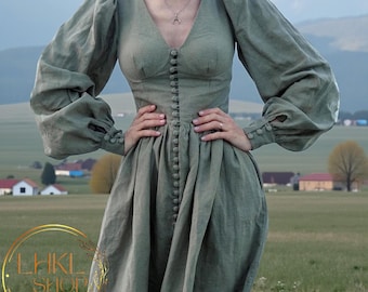 Linnen jurk met knoopsluiting, jurk met V-hals, lange gezwollen jurk, midi-jurk dames, lange jurk, vintage retro-jurk, feestjurk, aansluitende jurk