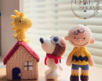 Conjunto de crochê para cachorro e pássaro branco, crochê fofo para cachorro, crochê para cachorro Snoopyy, pelúcia de animal para crianças, amigurumi de cachorro de desenho animado, presente para menino