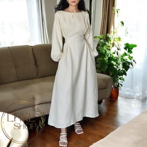 Linen Modest Dress, Swing Dress, Linen Maxi Dress, Long Sleeve Dress, Long Dress, Waist Belt Dress, Retro Vintage Dress, Dress With Pockets