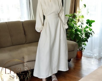 Linen Modest Dress, Swing Dress, Linen Maxi Dress, Long Sleeve Dress, Long  Dress, Waist Belt Dress, Retro Vintage Dress, Dress With Pockets - Etsy