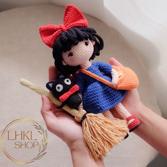 魔女と猫のかぎ針編み人形セット、アニメ風人形、かわいいぬいぐるみ