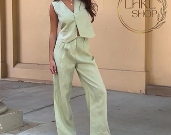 Women Linen Suit Set, Vest And Pants Set, Summer Linen Set, Retro Vest Women, Hight Waisted Trousers, Wide Leg Pants, Linen Tank, Linen Vest