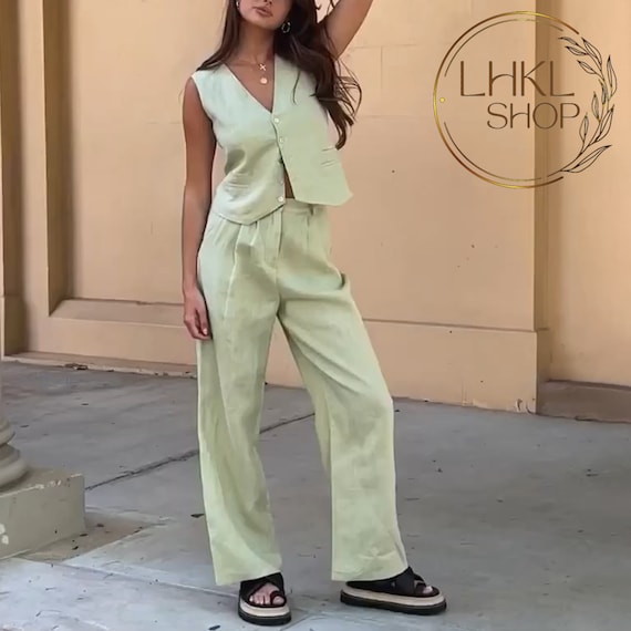 Women Linen Suit Set, Vest and Pants Set, Summer Linen Set, Retro 