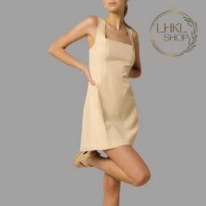 Linen Mini Dress, Summer Dress, Square Neck Dress, Sleeveless Dress, A-line Dress, Elegant Dress, Simple Linen Dress, Short Dress, Sun Dress zdjęcie 4