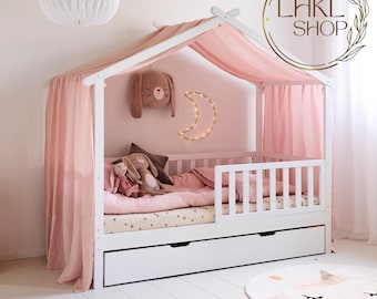 Baldachim do łóżka Montessori Pure Linen, Zasłona do łóżka w kształcie domku, Baldachim do łóżka dla malucha, Baldachim do łóżka dla niemowląt, Dekoracja kącika do czytania, Namiot do łóżka dla dzieci, Dekoracja pokoju zabaw