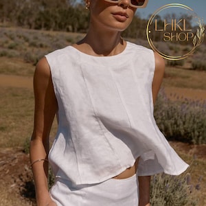 Linen Crop Top, Linen Tank Top, Linen Sleeveless Top, Natural Linen Top, Scoop Neck Crop Top For Woman, Linen Casual Top, Loose Summer Top