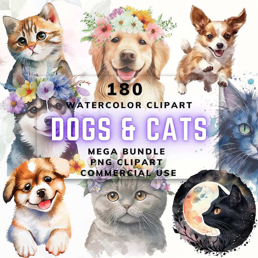Watercolor Clipart Cats and Dogs, 180 Cute Pets PNG Bundle, 180 ...