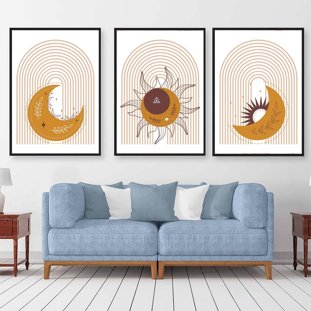 Boho Art Set of 3 Prints, Boho Moon Wall Art, Abstract Gallery Set