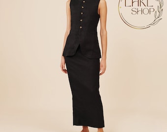 Linen Waistcoats And Skirts, Linen Suit, Top With Pockets, Long Linen Skirt, Maxi Skirt, Sleeveless Linen Vest,Button Front Top,Summer Skirt