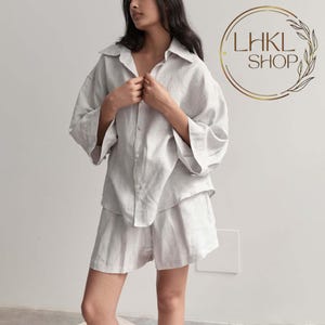 Linen Shirt And Shorts Set, Linen Pajama Set, Long Sleeves Top, High Waisted Shorts With Pocket, Summer Set, Elastic Waist Shorts, Women PJs