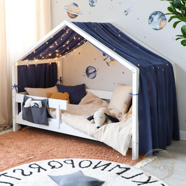 Linen House Bed Canopy For Boys, Montessori House Bed, House Bed Curtains, Canopy Bed Curtains, Playroom Decor, Nursery Decor, Canopy Tent