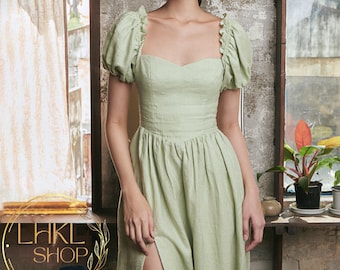 eucalyptus green midi dress Linen Dress, V-neck Puffed Sleeve satin pleated dress