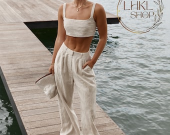 Leinen Top und Hose, Leinen Crop Top, Leinen Kleidung Set, 2-teilig, Sexy Crop Top, Sommer Top, Leinen Bralette, rückenfreies Top, Open Back Top