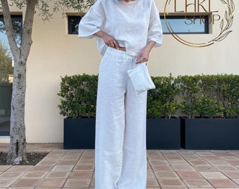 Conjunto feminino de linho com blusa de manga comprida e calça, blusa folgada, conjunto de duas peças, roupa de descanso feminina, calça de cintura alta, conjunto casual, blusa cropped.