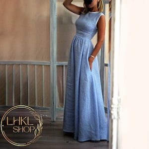 Linen Maxi Dress With Pockets, Sleeveless Dress, Floor Length Dress, Summer Long Dress, Elegant Dress, Wedding Guest Dress, Romantic Dress