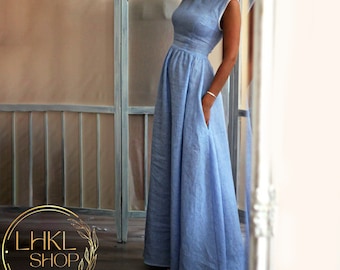 Linen Maxi Dress With Pockets, Sleeveless Dress, Floor Length Dress, Summer Long Dress, Elegant Dress, Wedding Guest Dress, Romantic Dress