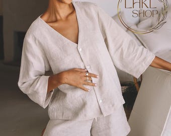 Pure Linen Pajamas Set, Women's Loungewear, Linen Sleepwear, Linen Top And Shorts Set, Bridesmaid Pajamas, Bachelorette Pajamas, Bridal PJS